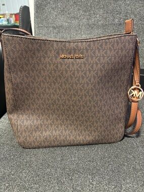 Michael Kors Brown Logo Print Crossbody with Gold Hardware